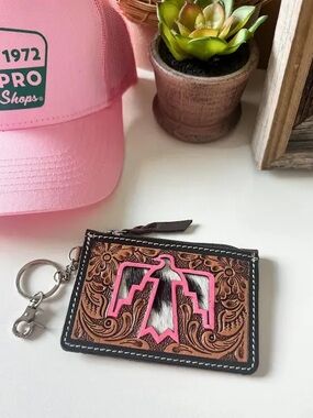 Leather Key & Card Holder with Pink Thunderbird Accent